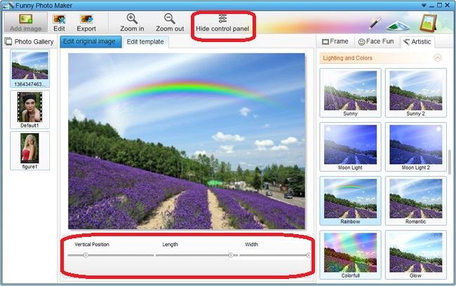 edit the vertical position, length and width to the rainbow photo effect you added to your photo with Funny Photo Maker.